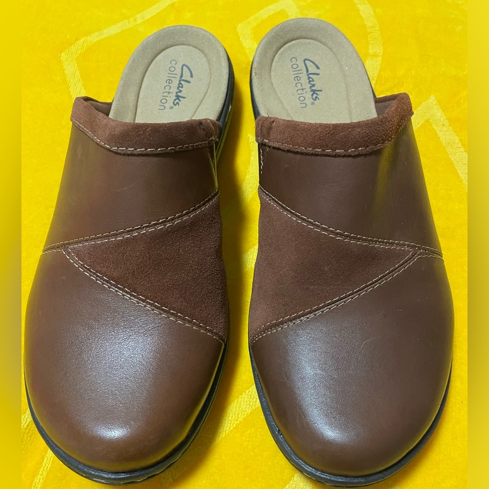 New Clarks Laurieann Kyla Dark Tan/Brown Leather & Suede Clog Mule Shoes 9.5W